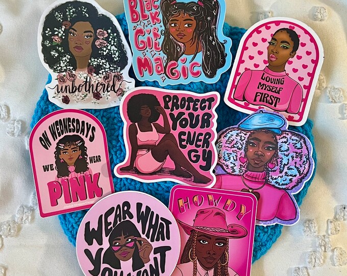 Black Girl Sticker Bundle | Black Woman, 3 in, Pink Vinyl Waterproof Stickers, Y2K, laptop stickers, aesthetic, cute, stationery, colorful