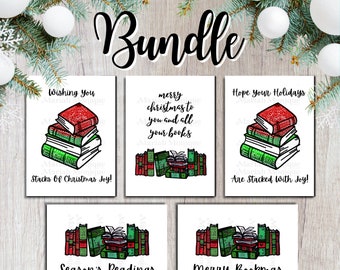 Book Lover Christmas Greeting Card Bundle 5 Pack Set Holiday Card Illustration Xmas Gift