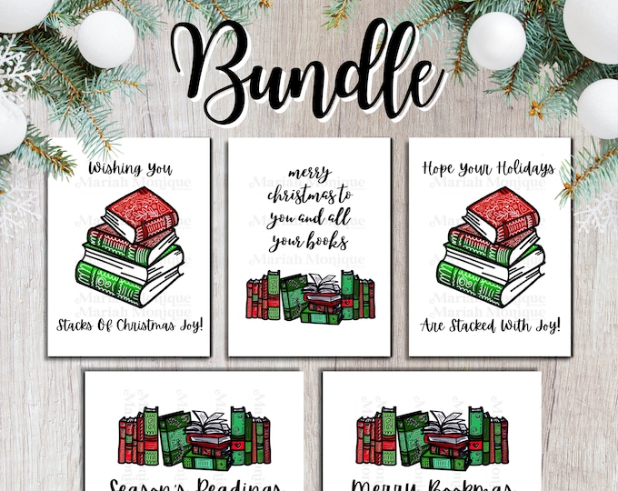 Book Lover Christmas Greeting Card Bundle 5 Pack Set Holiday Card Illustration Xmas Gift