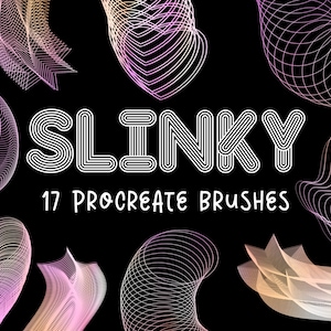Può includere: Sfondo nero con la parola "SLINKY" in bianco, lettere bordate. Sotto, il testo recita "17 PROCREATE BRUSHES". Arte astratta a linee vorticose in rosa, pesca e bianco circonda il testo.