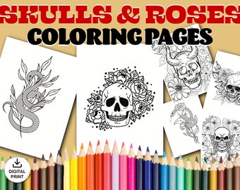 Skulls & Roses Tattoo Coloring Book Pages, 15 Coloring Pages,  Bundle, Instant Digital Download, Stress Relief, Halloween, Goth, Floral