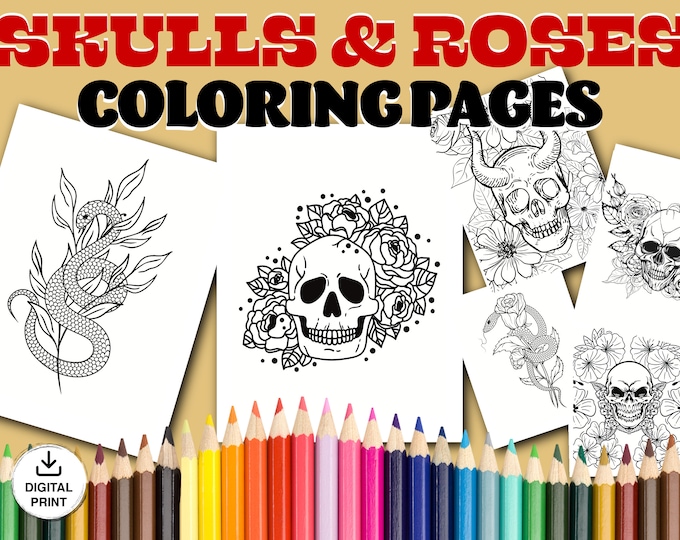 Skulls & Roses Tattoo Coloring Book Pages, 15 Coloring Pages,  Bundle, Instant Digital Download, Stress Relief, Halloween, Goth, Floral