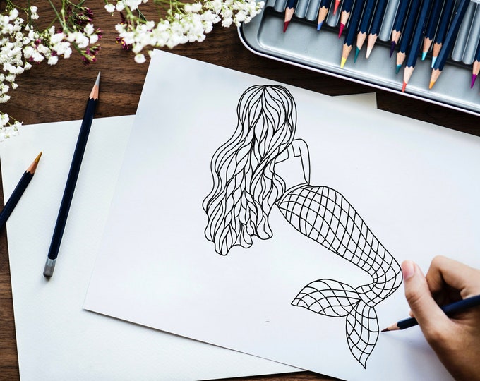 Coloring Page Printable Mermaid Girl Digital Download Easy Stress Relief Simple Printable Line Art Illustration Kid Classroom Activity