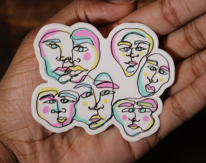Cute Pastel Aesthetic Waterproof Vinyl sticker | Abstract Faces, Contemporay, Doodle, Dishwasher Safe, Weatherproof Matte Laminated Finish