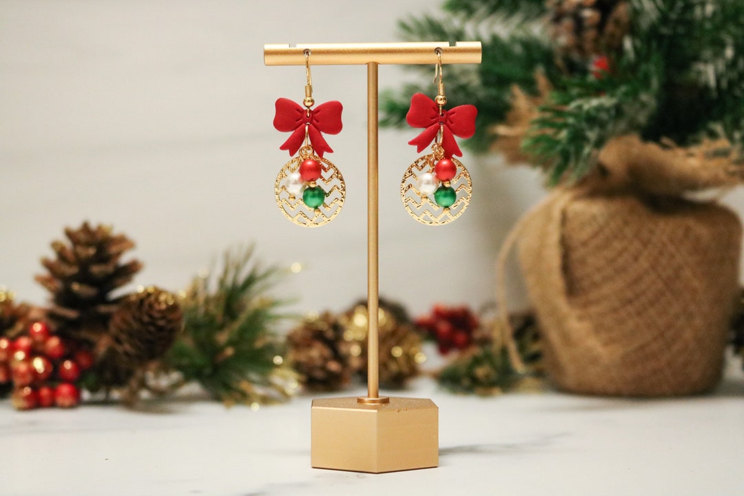 Christmas Ornament Earring Gold Plated Earrings Red Bow Etsy