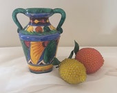 Vintage Mid Century Modern Incised Italian Vase Hand Painted Floral Italian Pottery Urn Amphora Vase Made In Italy Majolica