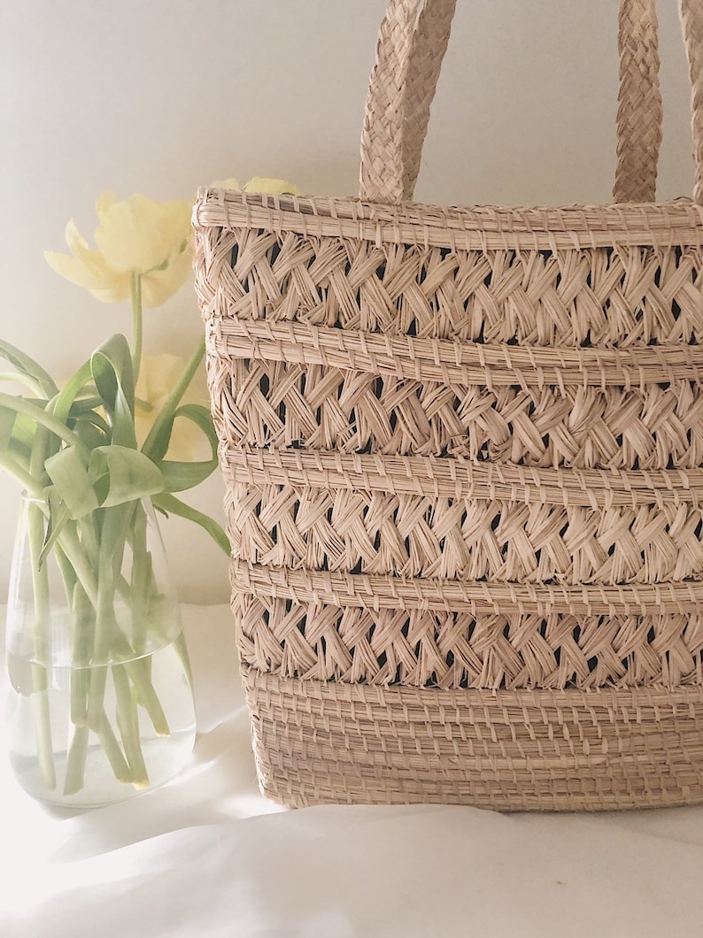 Vintage Woven Straw Handbag Woven Straw Bag Boho Woven Purse Vintage Woven Purse Braided Handles