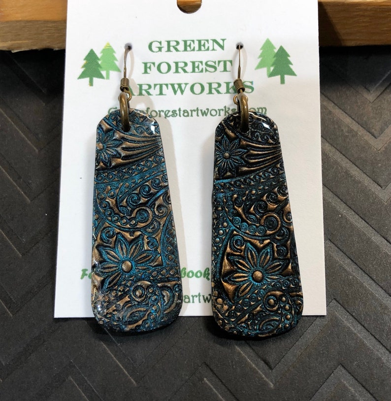 Bronze Blue Patina Polymer Clay and UV Resin Earrings with Antique Bronze Fish Hook Ear wires