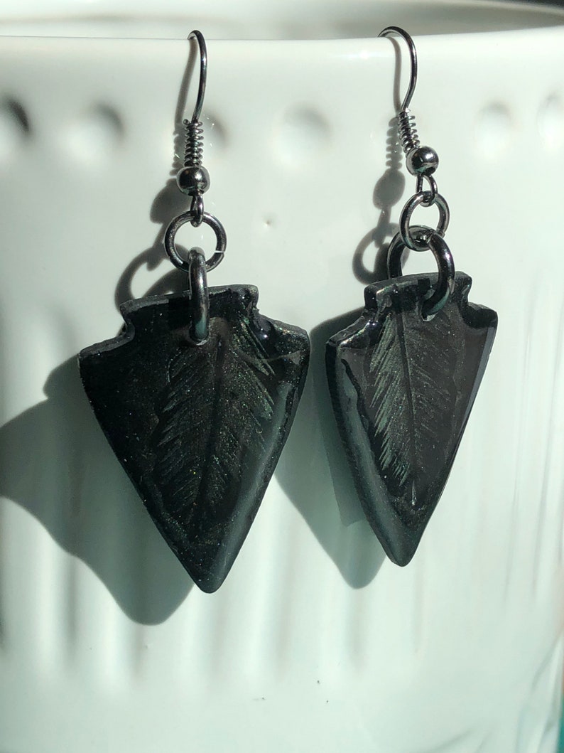 Black Arrowhead with Green Feather pattern Polymer Clay and UV Resin with Black Gun Metal French ear wires