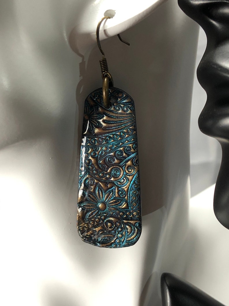 Bronze Blue Patina Polymer Clay and UV Resin Earrings with Antique Bronze Fish Hook Ear wires