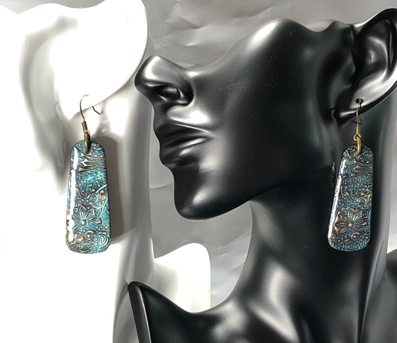 Bronze Blue Patina Polymer Clay and UV Resin Earrings with Antique Bronze Fish Hook Ear wires