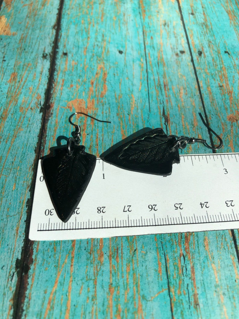 Black Arrowhead with Green Feather pattern Polymer Clay and UV Resin with Black Gun Metal French ear wires