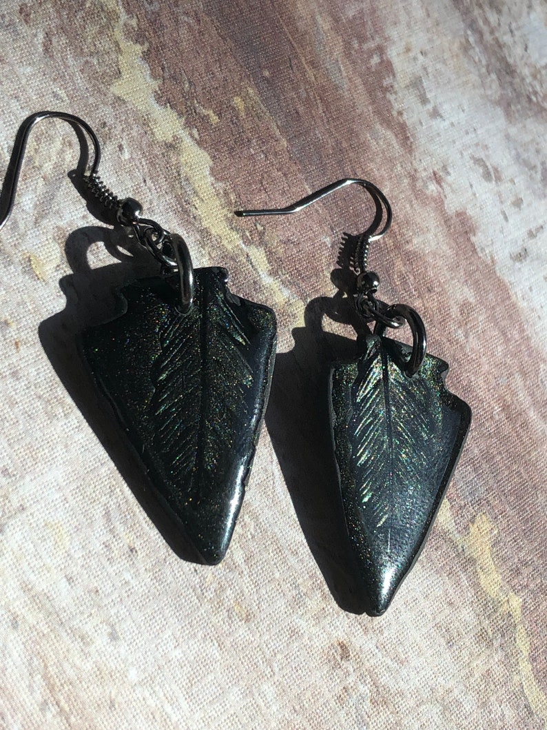 Black Arrowhead with Green Feather pattern Polymer Clay and UV Resin with Black Gun Metal French ear wires