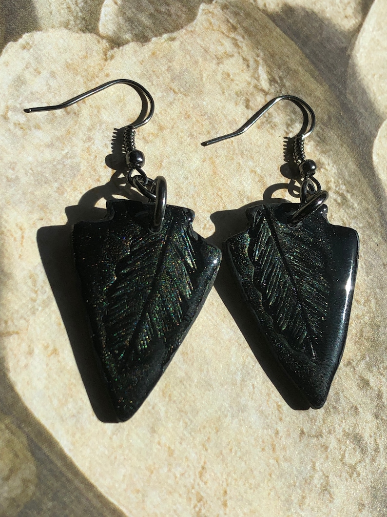 Black Arrowhead with Green Feather pattern Polymer Clay and UV Resin with Black Gun Metal French ear wires