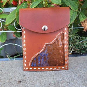 Leather Saddle Bag w/ embossed hair on hide and Buckstitch- Back Cinch Bag- Cell Phone Holder-Saddle Pouch-Horse Gift-Horse Tack