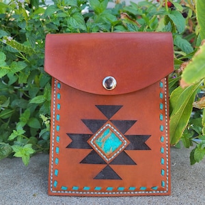 Leather Saddle Bag w/ turquoise Leather Inlay and Buckstitch- Back Cinch Bag- Cell Phone Holder-Saddle Pouch-Horse Gift-Horse Tack