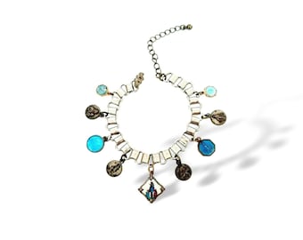 Antique Religious Charm Bracelet: Enamel  and Porcelain Medals, Book Chain