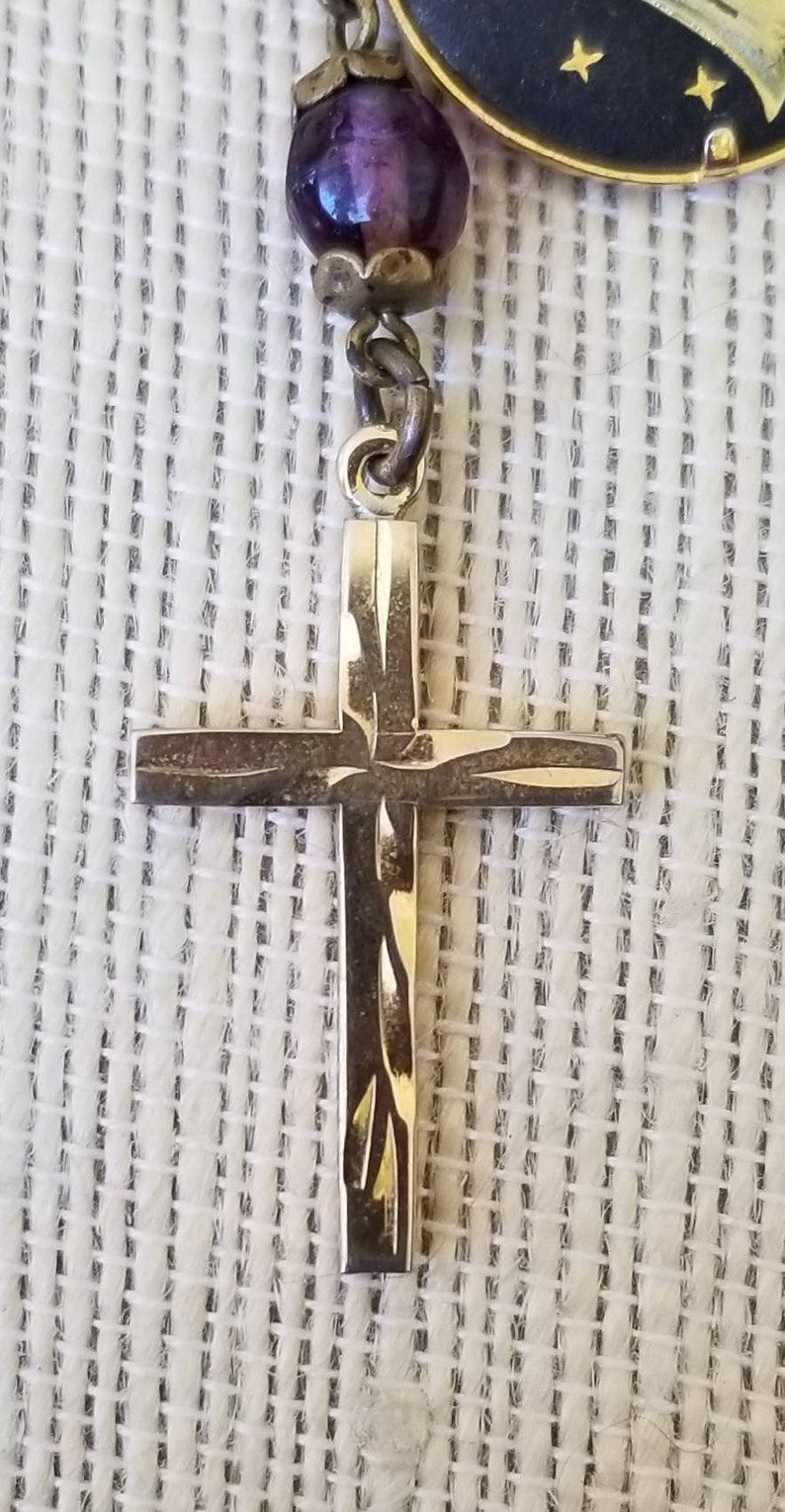 Vintage Damascene Cross Panel Charm Bracelet: Gold Filled, Praying Woman & Cross Charms image 3