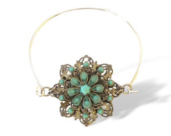 Upcycled vintage faux turquoise filigree flower silver tone bracelet handmade jewelry