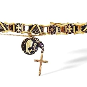 Vintage Damascene Cross Panel Charm Bracelet: Gold Filled, Praying Woman & Cross Charms image 1