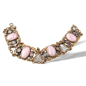 Vintage Art Deco Czech Pink Marbled Glass Cabochon Bracelet with Ornate Brass Panels White & Green Enamel Floral Link Bracelet