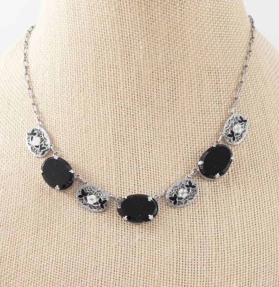 Vintage Art Deco Black Onyx Glass Floral Enamel Rhodium Plated