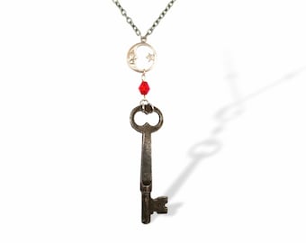 Skeleton key necklace boho antique key necklace with moon and star charm & red Czech glass beads assemblage necklace unisex gifts for her