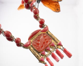 Rare Art Deco Czech Czechoslovakia Carved Glass Bird Necklace | Coral Pressed Glass | Gilt Brass Fringe Statement Necklace c. 1920's
