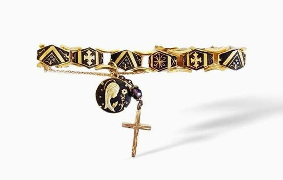 Vintage Damascene Cross Bracelet: Gold Filled, Praying Woman Charm