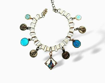 Antique Religious Charm Bracelet: Catholic Enamel and Porcelain Medals on Book Chain