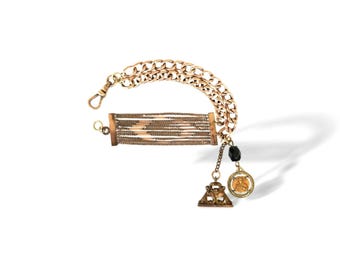 Antique Watch Chain Bracelet with fob seal and Catholic Medal Religious Charm Bracelet Gold Filled