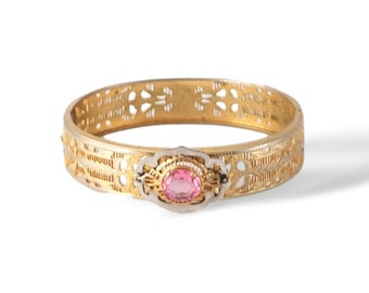 Vintage art deco Edwardian hinged filigree bracelet with pink glass stone gold and silver signed Romar Quality