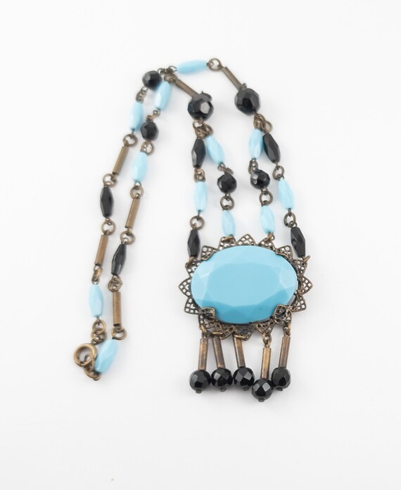 Vintage turquoise and black Czech Glass art deco … - image 5