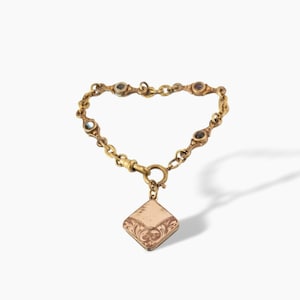 Antique Victorian watch chain with etched fob locket bracelet, gold filled: charm bracelet