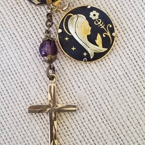 Vintage Damascene Cross Panel Charm Bracelet: Gold Filled, Praying Woman & Cross Charms image 8