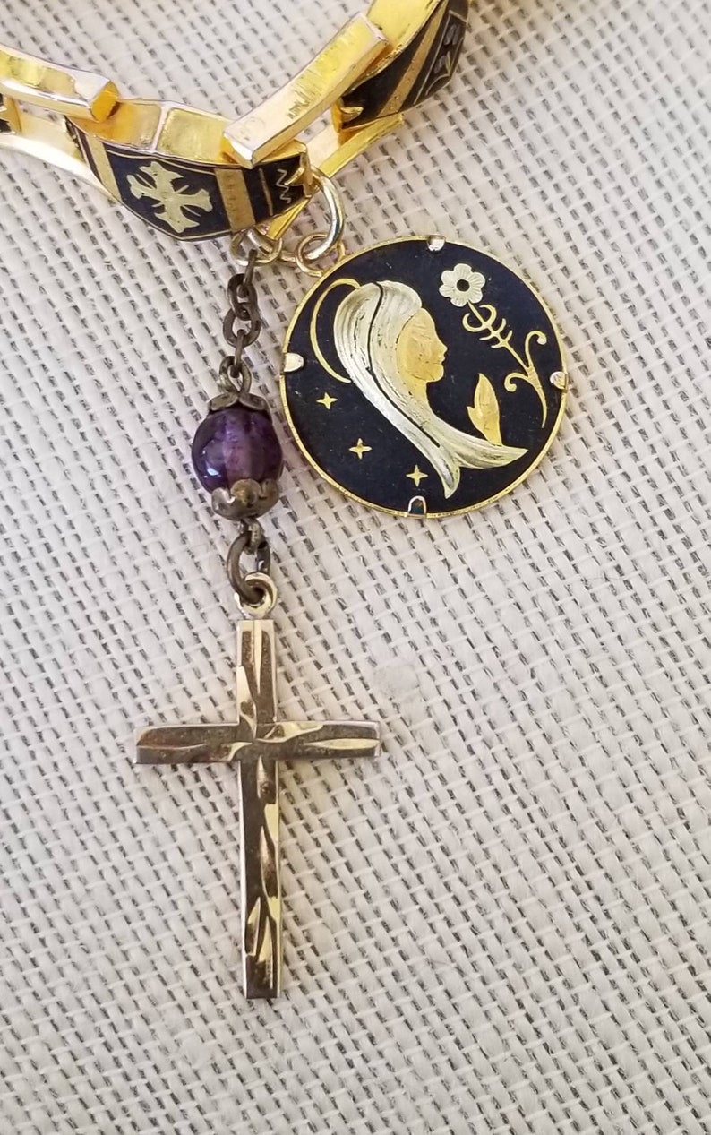 Vintage Damascene Cross Panel Charm Bracelet: Gold Filled, Praying Woman & Cross Charms image 8