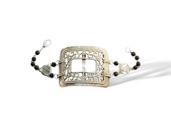 Vintage Victorian Style Wide Cut Steel Cuff Bracelet: Rosary Centerpieces, Black Glass Beads