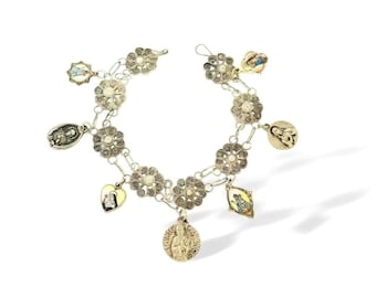 Vintage Religious Charm Bracelet: Sterling Silver Filigree, Porcelain Medals Catholic Jewelry