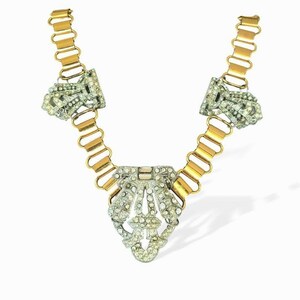 Vintage Pot Metal and Paste Collar Necklace: Gold And Silver, Book Chain