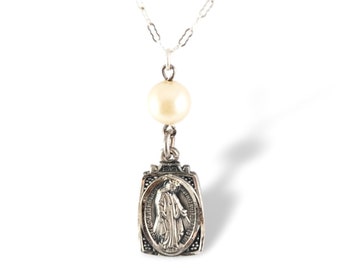 Vintage Miraculous medal necklace sterling silver religious Catholic Virgin Mary necklace hallmarked