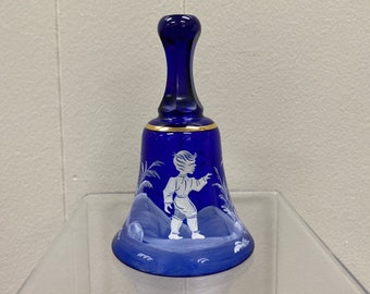 Mary Gregory Cobalt Blue Glass Bell with White Raised Figure of Boy