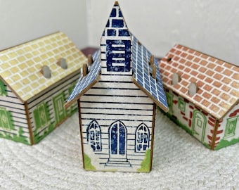 Vintage 3 Pc Lithograph Cardboard Village Church Cabin House