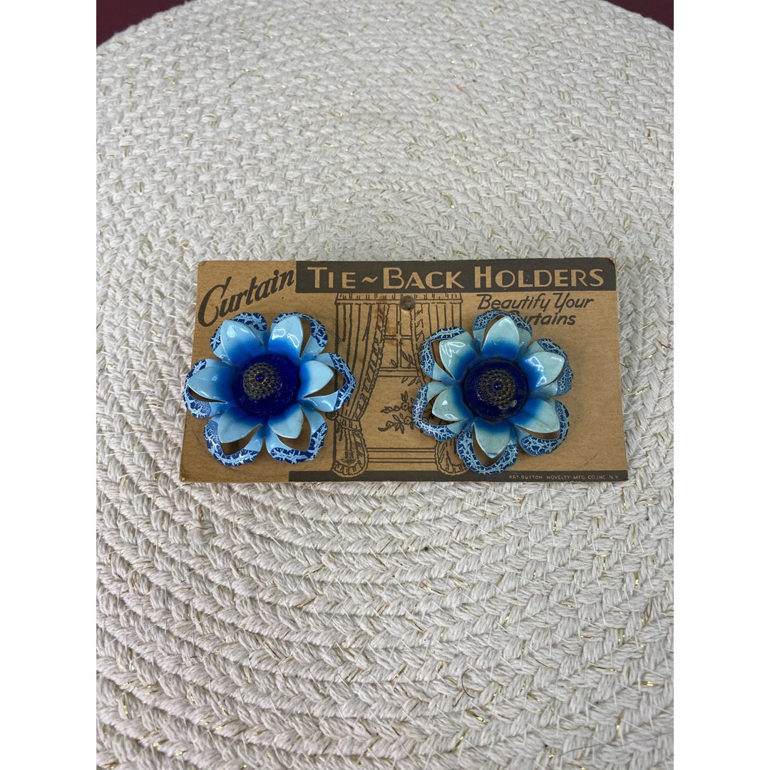 Vintage Curtain Tie Back Pins Blue Metal Flowers on Original Packaging