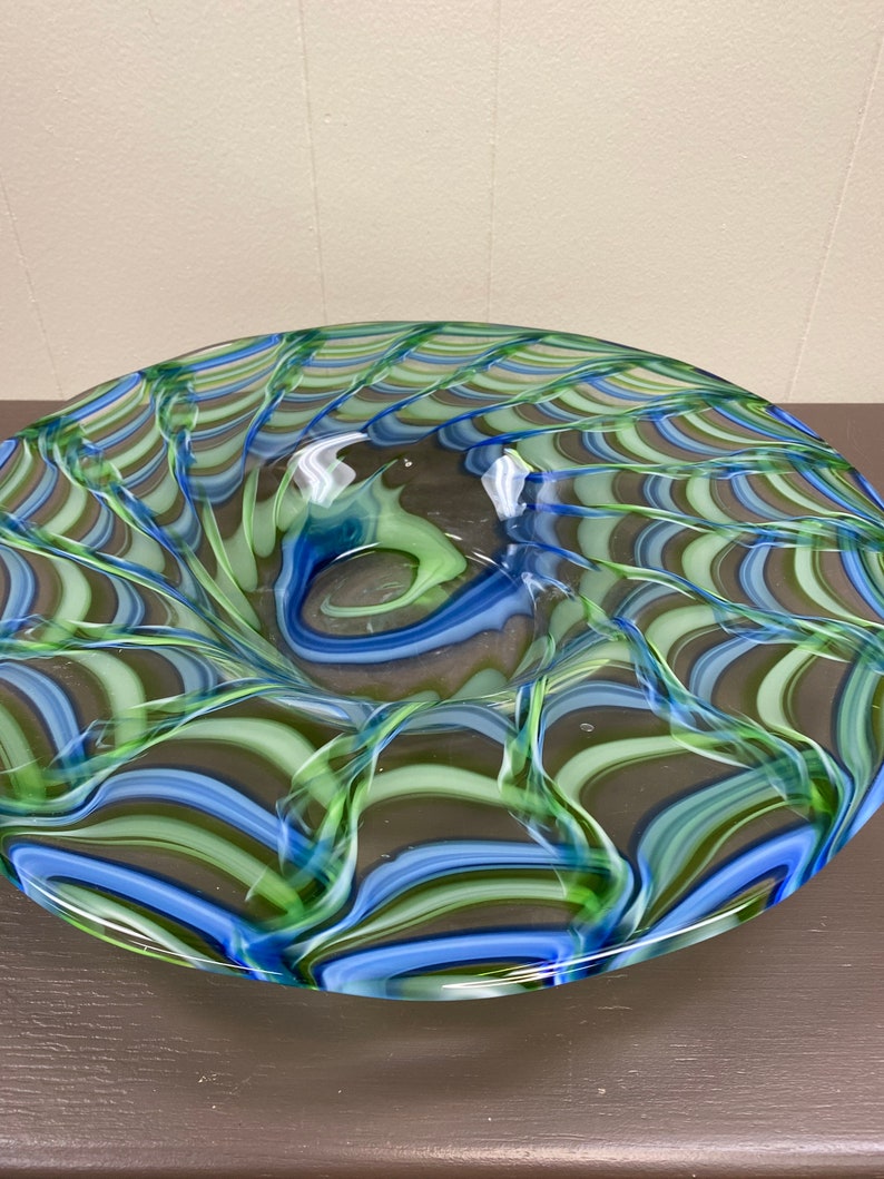 Large Hand Blown Art Glass Bowl With Blue Green Swirl Pattern Etsy