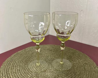 Set of 2 Topaz Yellow Etched Glass Goblets with Vertical Ribs