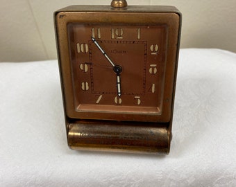 Vintage Swiss LeCouture Art Deco Travel Alarm Clock Engraved Souvenir