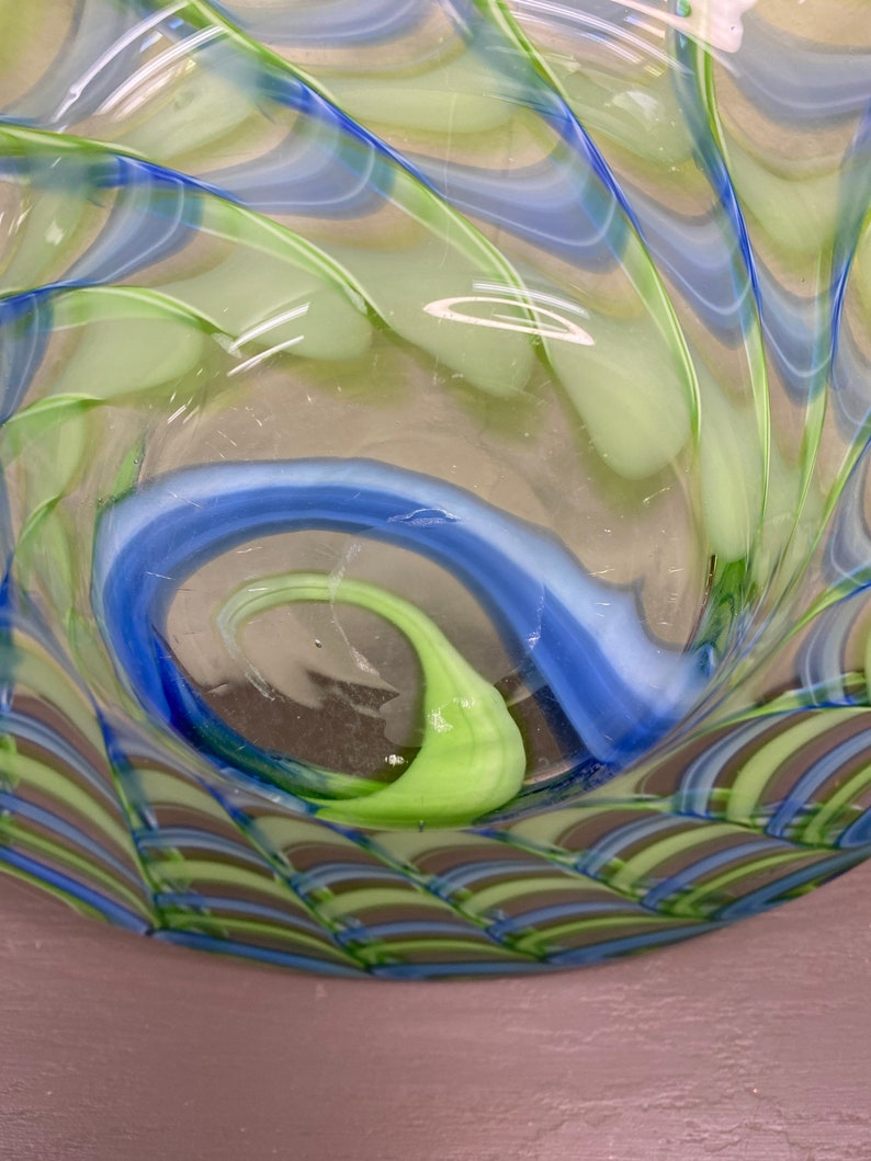 Large Hand Blown Art Glass Bowl With Blue Green Swirl Pattern Etsy