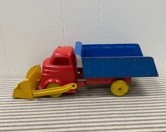 Marx Wyandotte Front End Loader Dump Truck Plastic Cab  Pressed Steel Red Blue Yellow 1950’s