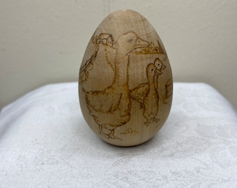 Artist Signed Wood Burned Egg with Farm Scene featuring Goose and Goslings