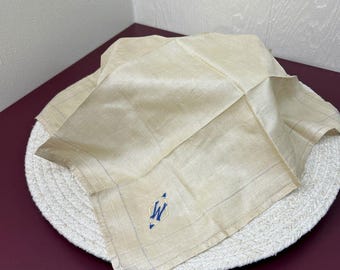 Antique Mens Beige Silk Embroidered Monogram "W" Hankie Wedding 16x15